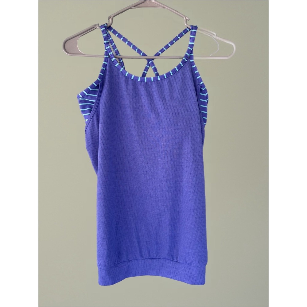 Athleta Girl's Size-XL/14 Striped Built In Bra Criss Cross Back Tank Top Purple